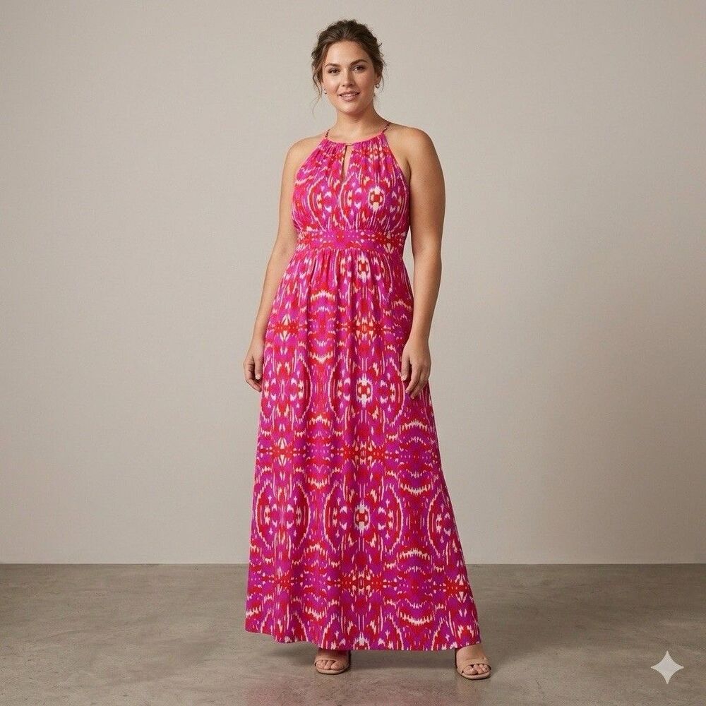 Jude Connally Sleeveless Lisa Halter Maxi Dress Women's Size XL Pink Orange NWOT